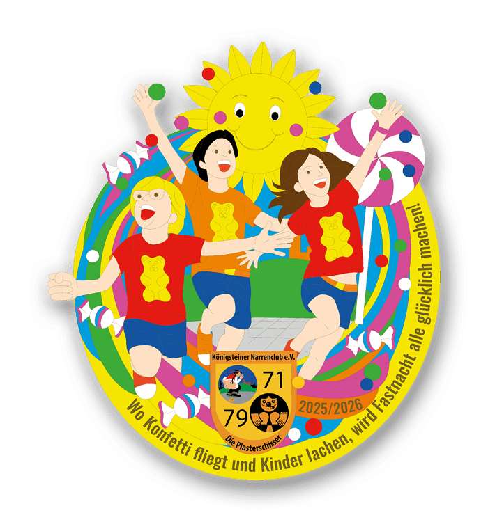 Unser Kampagnenorden 2025/2026: Fröhlich, bunt und einzigartig – mit Kindern, Konfetti und einem echten Lolli für den süßen Moment.
