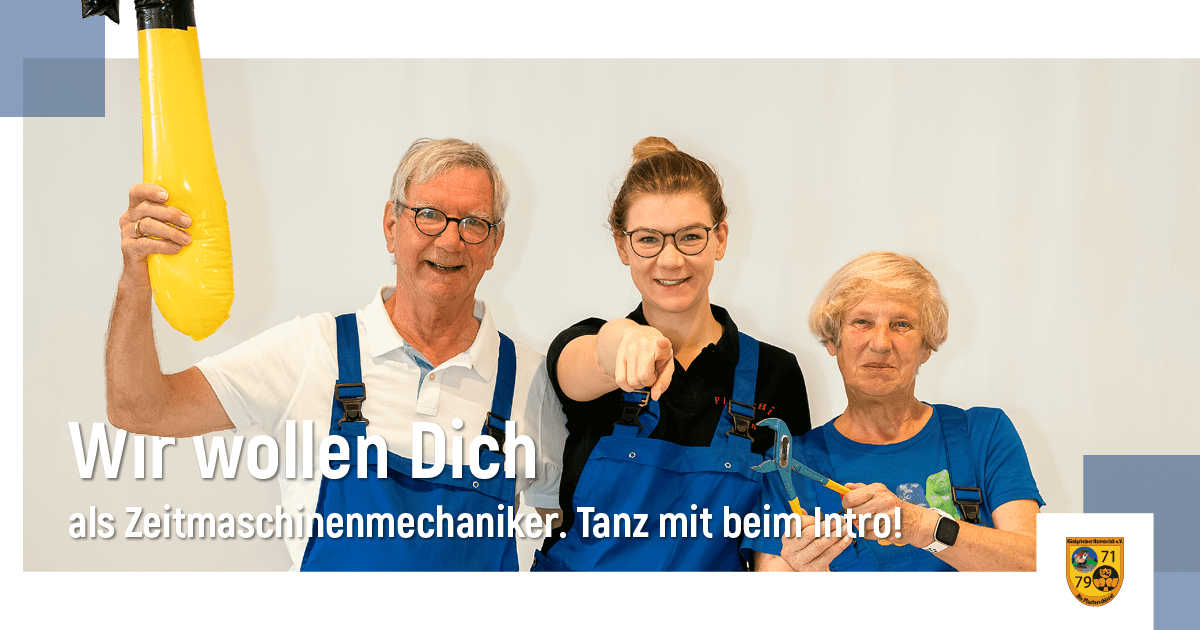Als Zeitmaschinenmechanikerinnen und -mechaniker reist Ihr gemeinsam mit uns tänzerisch durch die Jahrzehnte